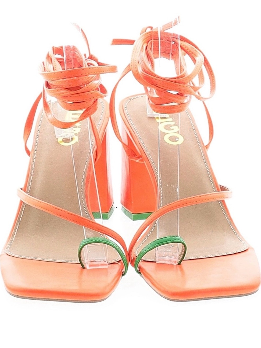 EGO Orange Block Heel Sandals with Green Toe Loop